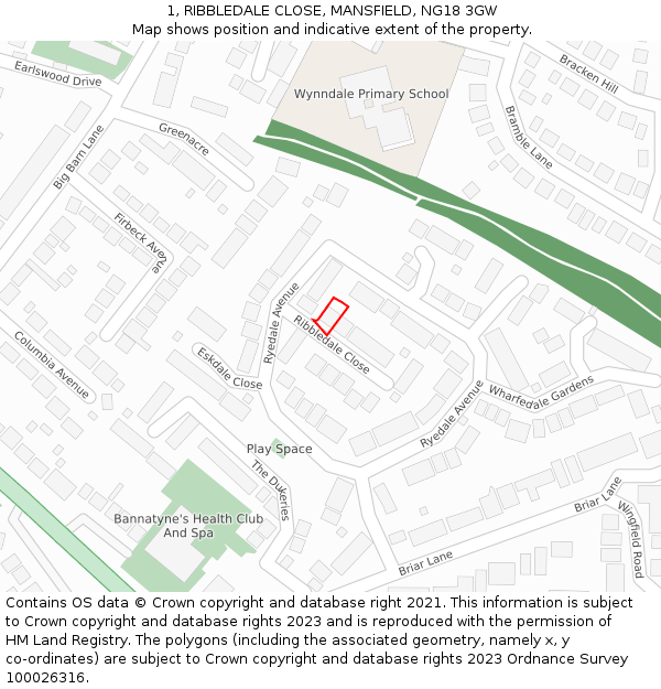 1, RIBBLEDALE CLOSE, MANSFIELD, NG18 3GW: Location map and indicative extent of plot