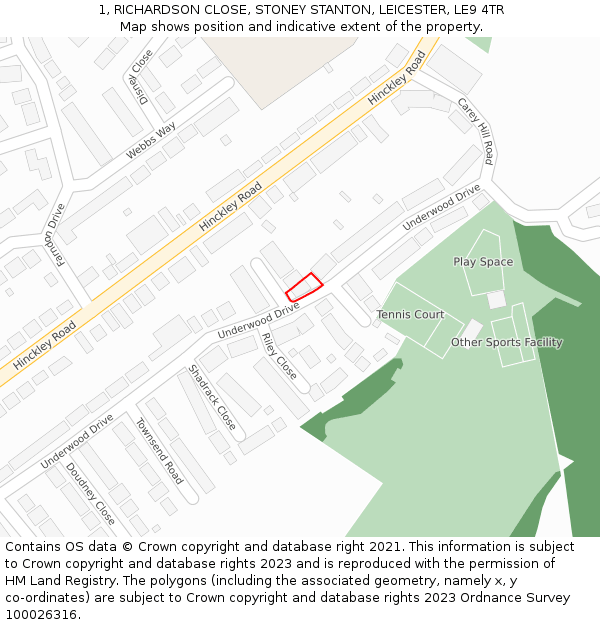 1, RICHARDSON CLOSE, STONEY STANTON, LEICESTER, LE9 4TR: Location map and indicative extent of plot