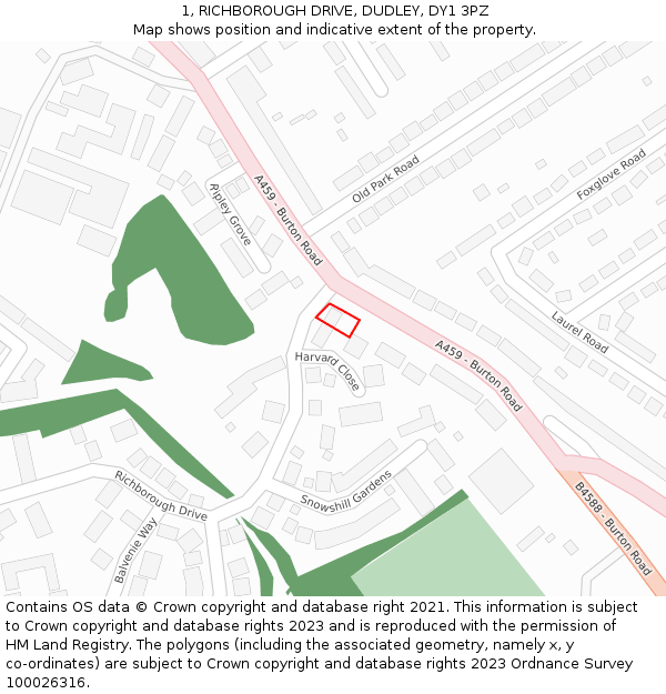 1, RICHBOROUGH DRIVE, DUDLEY, DY1 3PZ: Location map and indicative extent of plot