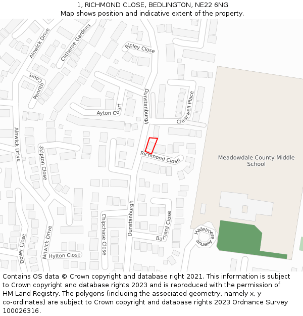1, RICHMOND CLOSE, BEDLINGTON, NE22 6NG: Location map and indicative extent of plot