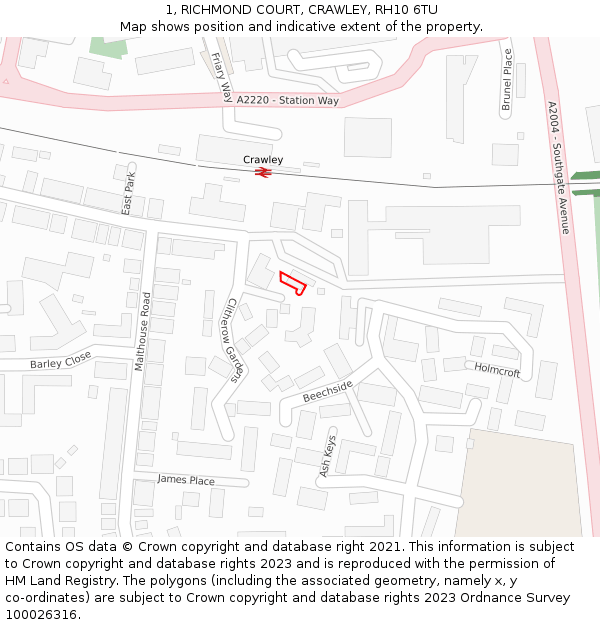 1, RICHMOND COURT, CRAWLEY, RH10 6TU: Location map and indicative extent of plot