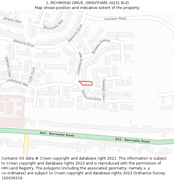 1, RICHMOND DRIVE, GRANTHAM, NG31 8UD: Location map and indicative extent of plot