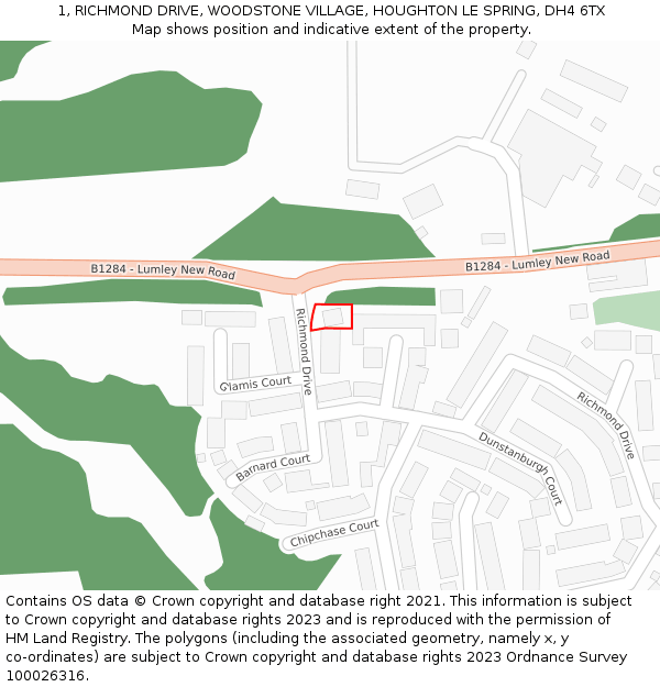 1, RICHMOND DRIVE, WOODSTONE VILLAGE, HOUGHTON LE SPRING, DH4 6TX: Location map and indicative extent of plot