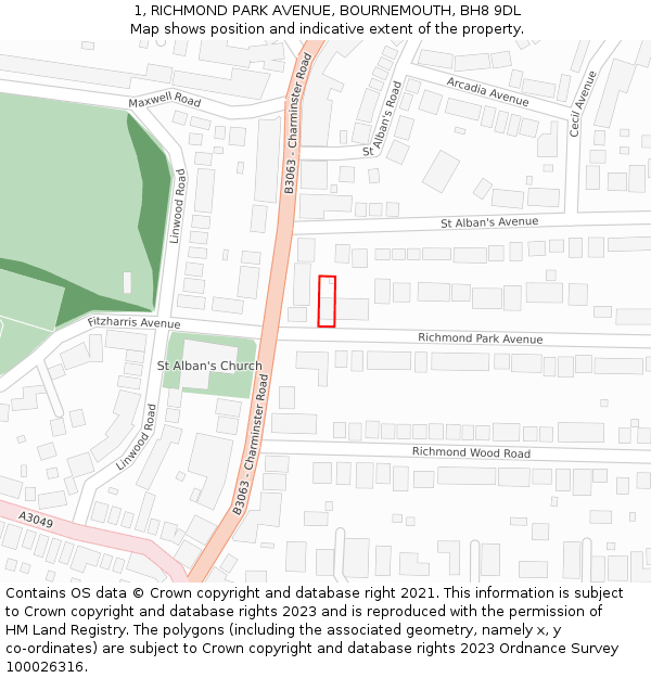 1, RICHMOND PARK AVENUE, BOURNEMOUTH, BH8 9DL: Location map and indicative extent of plot