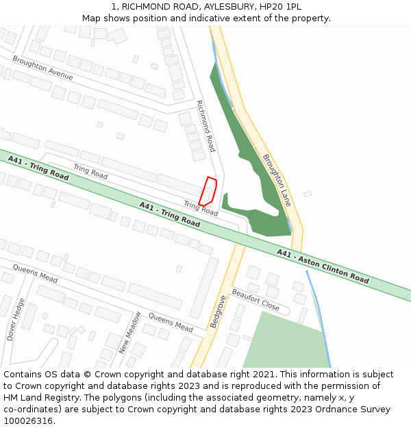 1, RICHMOND ROAD, AYLESBURY, HP20 1PL: Location map and indicative extent of plot