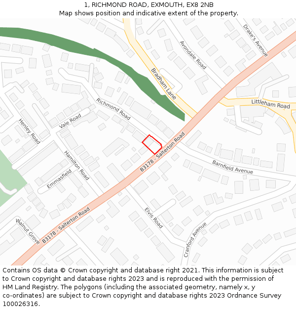 1, RICHMOND ROAD, EXMOUTH, EX8 2NB: Location map and indicative extent of plot