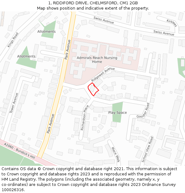 1, RIDDIFORD DRIVE, CHELMSFORD, CM1 2GB: Location map and indicative extent of plot