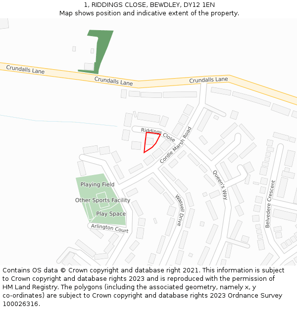 1, RIDDINGS CLOSE, BEWDLEY, DY12 1EN: Location map and indicative extent of plot