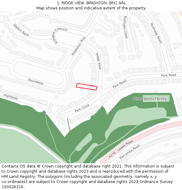1, RIDGE VIEW, BRIGHTON, BN1 9AL: Location map and indicative extent of plot