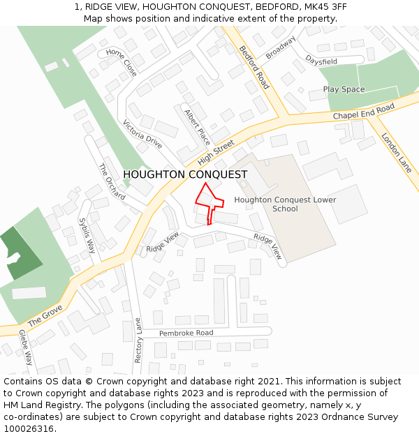 1, RIDGE VIEW, HOUGHTON CONQUEST, BEDFORD, MK45 3FF: Location map and indicative extent of plot