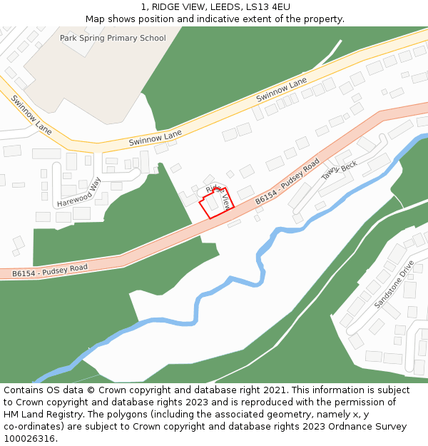 1, RIDGE VIEW, LEEDS, LS13 4EU: Location map and indicative extent of plot