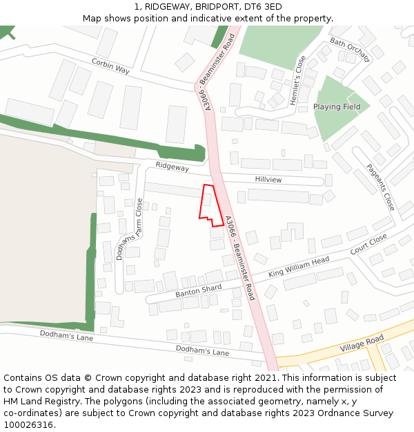 1, RIDGEWAY, BRIDPORT, DT6 3ED: Location map and indicative extent of plot