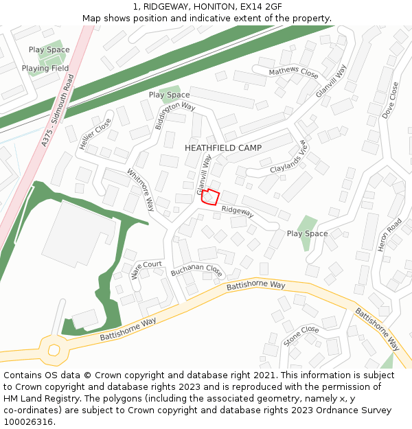 1, RIDGEWAY, HONITON, EX14 2GF: Location map and indicative extent of plot