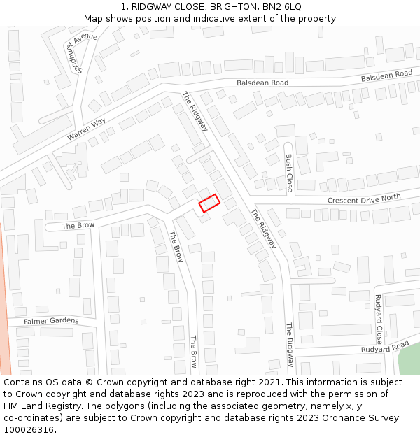 1, RIDGWAY CLOSE, BRIGHTON, BN2 6LQ: Location map and indicative extent of plot