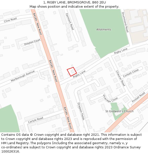 1, RIGBY LANE, BROMSGROVE, B60 2EU: Location map and indicative extent of plot