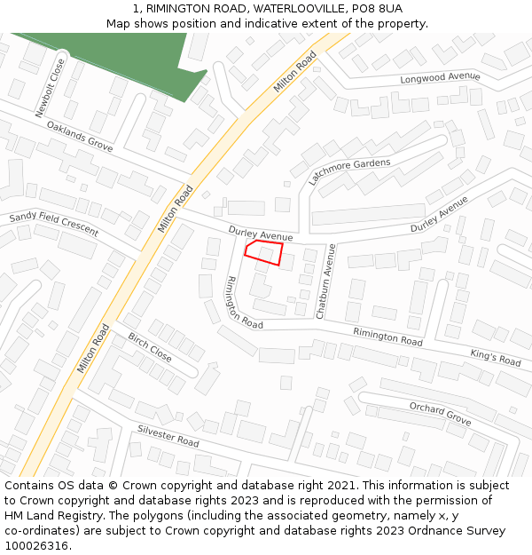 1, RIMINGTON ROAD, WATERLOOVILLE, PO8 8UA: Location map and indicative extent of plot