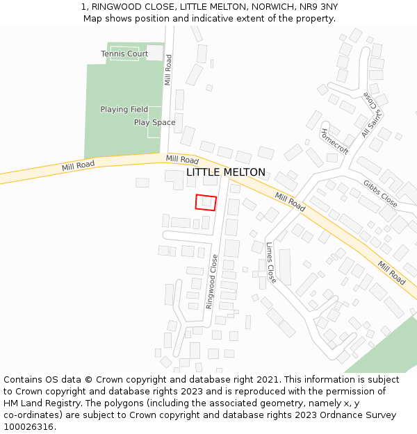 1, RINGWOOD CLOSE, LITTLE MELTON, NORWICH, NR9 3NY: Location map and indicative extent of plot