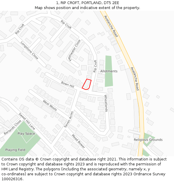 1, RIP CROFT, PORTLAND, DT5 2EE: Location map and indicative extent of plot