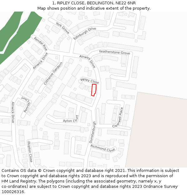 1, RIPLEY CLOSE, BEDLINGTON, NE22 6NR: Location map and indicative extent of plot