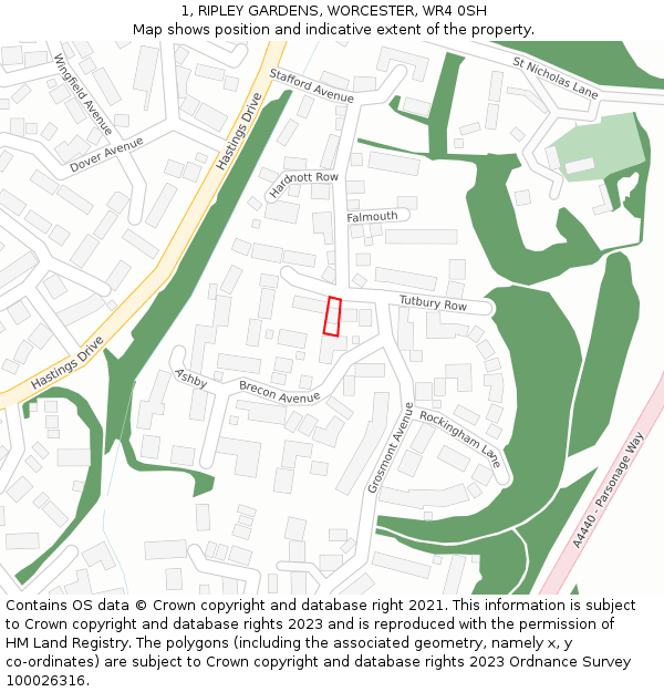 1, RIPLEY GARDENS, WORCESTER, WR4 0SH: Location map and indicative extent of plot