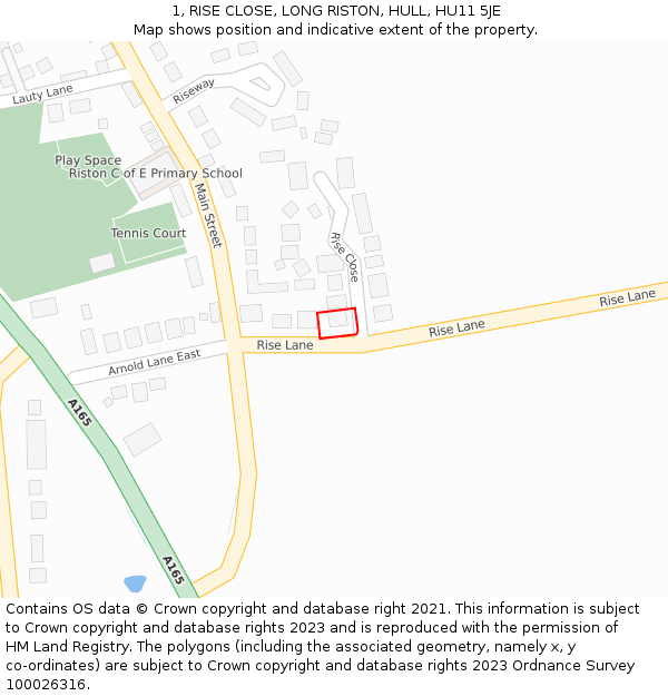 1, RISE CLOSE, LONG RISTON, HULL, HU11 5JE: Location map and indicative extent of plot