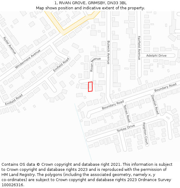 1, RIVAN GROVE, GRIMSBY, DN33 3BL: Location map and indicative extent of plot