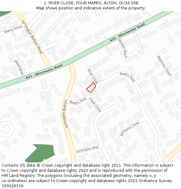 1, RIVER CLOSE, FOUR MARKS, ALTON, GU34 5XB: Location map and indicative extent of plot