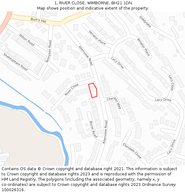 1, RIVER CLOSE, WIMBORNE, BH21 1DN: Location map and indicative extent of plot