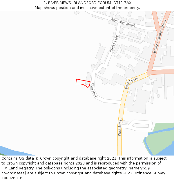 1, RIVER MEWS, BLANDFORD FORUM, DT11 7AX: Location map and indicative extent of plot