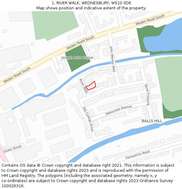 1, RIVER WALK, WEDNESBURY, WS10 0DE: Location map and indicative extent of plot