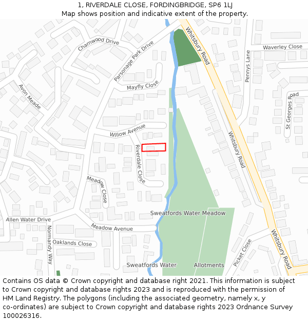 1, RIVERDALE CLOSE, FORDINGBRIDGE, SP6 1LJ: Location map and indicative extent of plot
