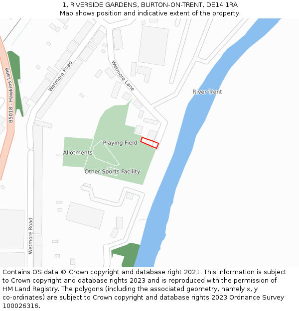 1, RIVERSIDE GARDENS, BURTON-ON-TRENT, DE14 1RA: Location map and indicative extent of plot