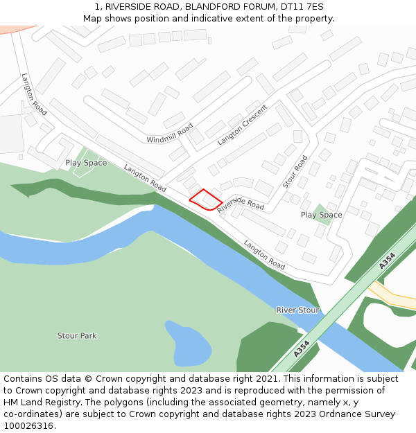 1, RIVERSIDE ROAD, BLANDFORD FORUM, DT11 7ES: Location map and indicative extent of plot