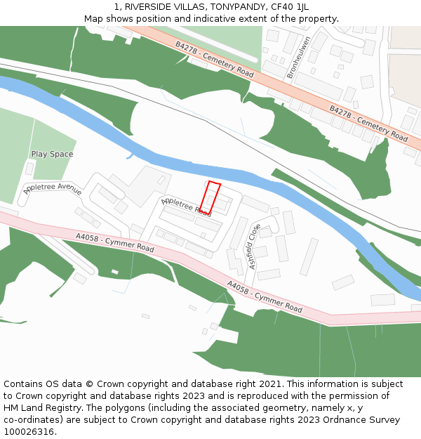 1, RIVERSIDE VILLAS, TONYPANDY, CF40 1JL: Location map and indicative extent of plot