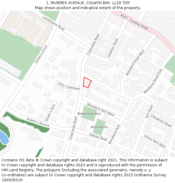 1, RIVIERES AVENUE, COLWYN BAY, LL29 7DP: Location map and indicative extent of plot