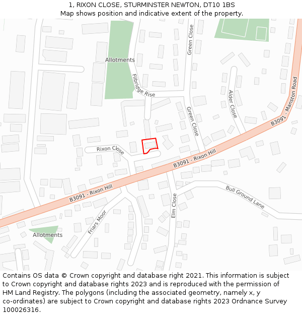 1, RIXON CLOSE, STURMINSTER NEWTON, DT10 1BS: Location map and indicative extent of plot