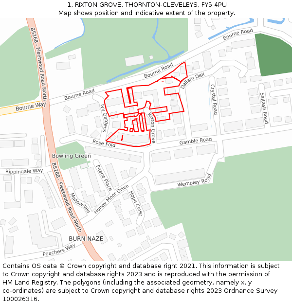 1, RIXTON GROVE, THORNTON-CLEVELEYS, FY5 4PU: Location map and indicative extent of plot