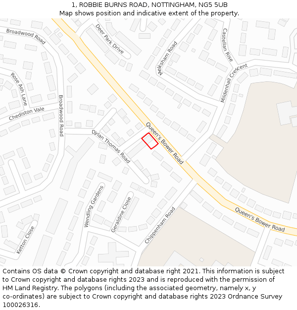 1, ROBBIE BURNS ROAD, NOTTINGHAM, NG5 5UB: Location map and indicative extent of plot