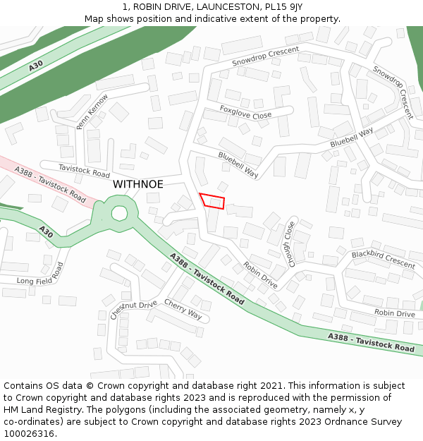 1, ROBIN DRIVE, LAUNCESTON, PL15 9JY: Location map and indicative extent of plot