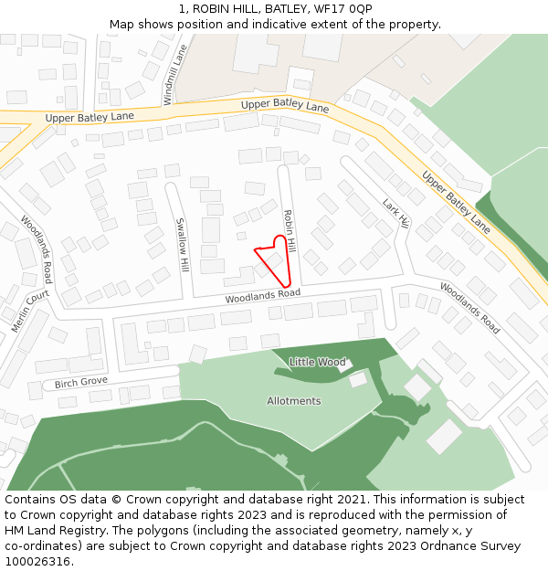 1, ROBIN HILL, BATLEY, WF17 0QP: Location map and indicative extent of plot