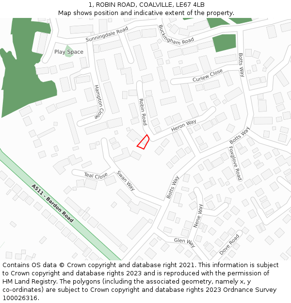 1, ROBIN ROAD, COALVILLE, LE67 4LB: Location map and indicative extent of plot