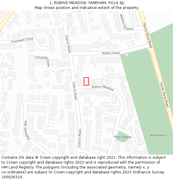 1, ROBINS MEADOW, FAREHAM, PO14 4JL: Location map and indicative extent of plot