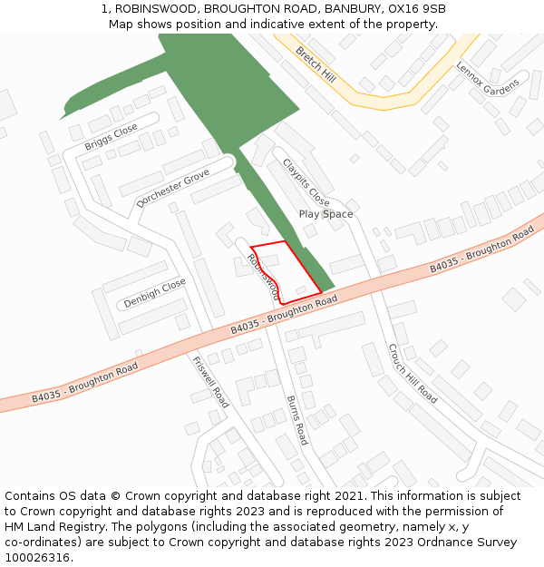 1, ROBINSWOOD, BROUGHTON ROAD, BANBURY, OX16 9SB: Location map and indicative extent of plot