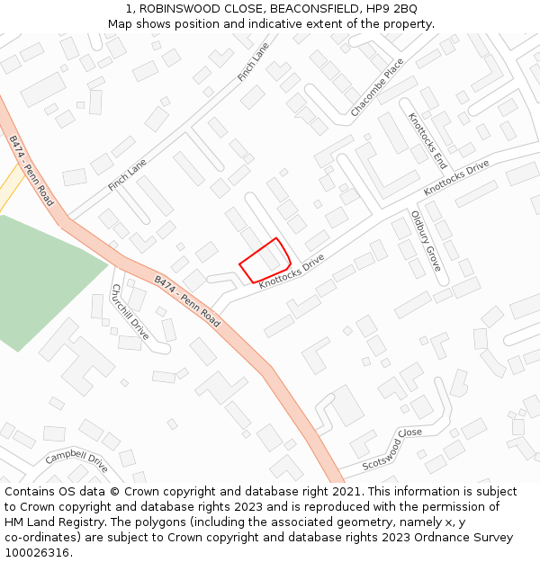 1, ROBINSWOOD CLOSE, BEACONSFIELD, HP9 2BQ: Location map and indicative extent of plot