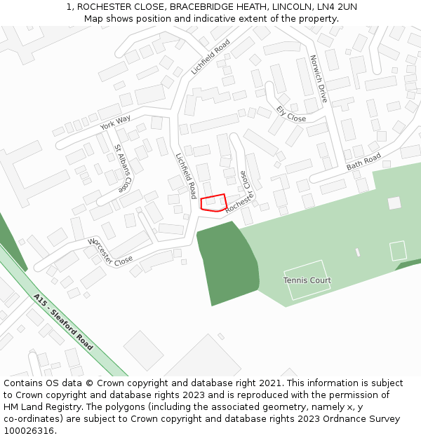 1, ROCHESTER CLOSE, BRACEBRIDGE HEATH, LINCOLN, LN4 2UN: Location map and indicative extent of plot
