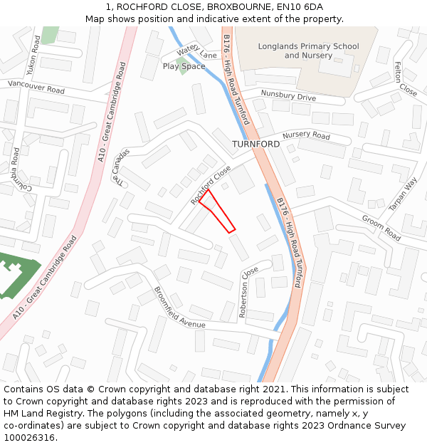 1, ROCHFORD CLOSE, BROXBOURNE, EN10 6DA: Location map and indicative extent of plot