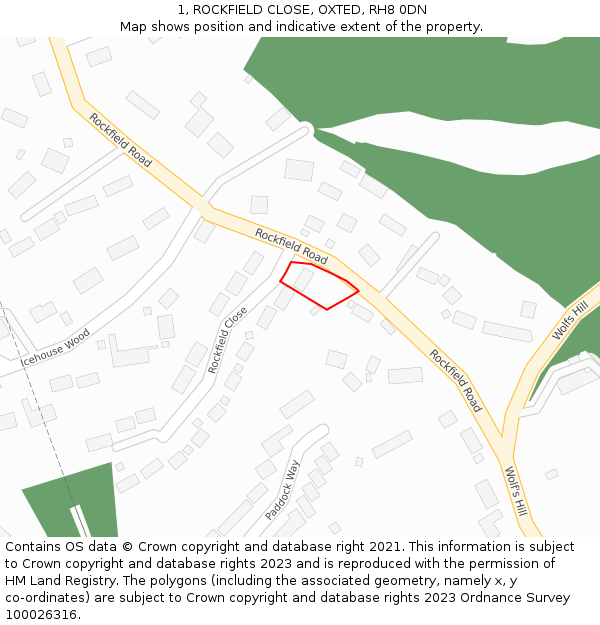 1, ROCKFIELD CLOSE, OXTED, RH8 0DN: Location map and indicative extent of plot