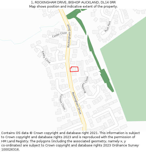 1, ROCKINGHAM DRIVE, BISHOP AUCKLAND, DL14 0RR: Location map and indicative extent of plot