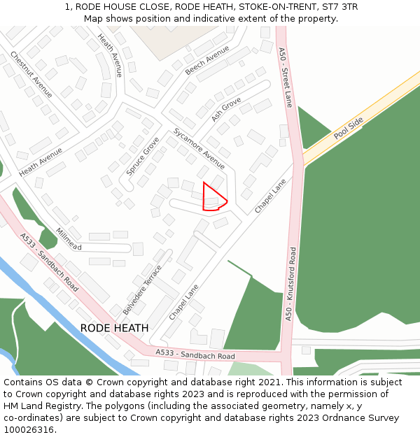 1, RODE HOUSE CLOSE, RODE HEATH, STOKE-ON-TRENT, ST7 3TR: Location map and indicative extent of plot