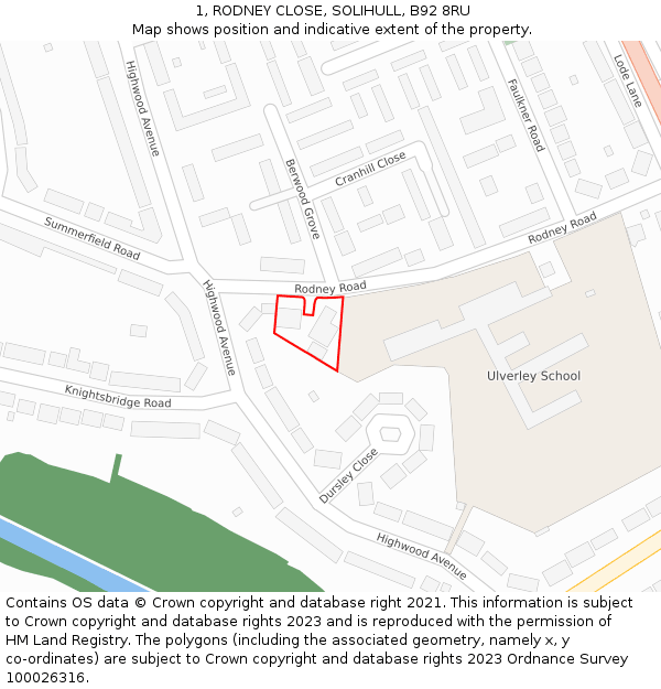1, RODNEY CLOSE, SOLIHULL, B92 8RU: Location map and indicative extent of plot